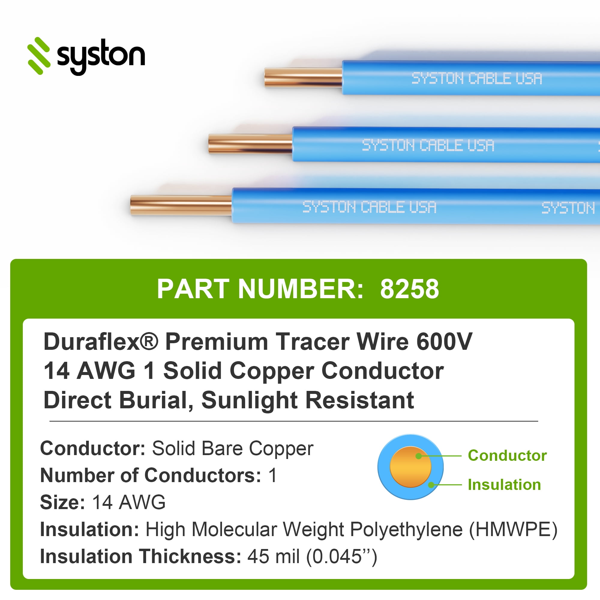 SYSTON CABLE TECHNOLOGY 14 AWG Tracer Wire 600V 1 Solid Bare Copper Conductor, Direct Burial HMWPE Insulation UV Resistant Tracer Wire to Locate Underground Potable Water Pipelines - Blue, 1000 FT