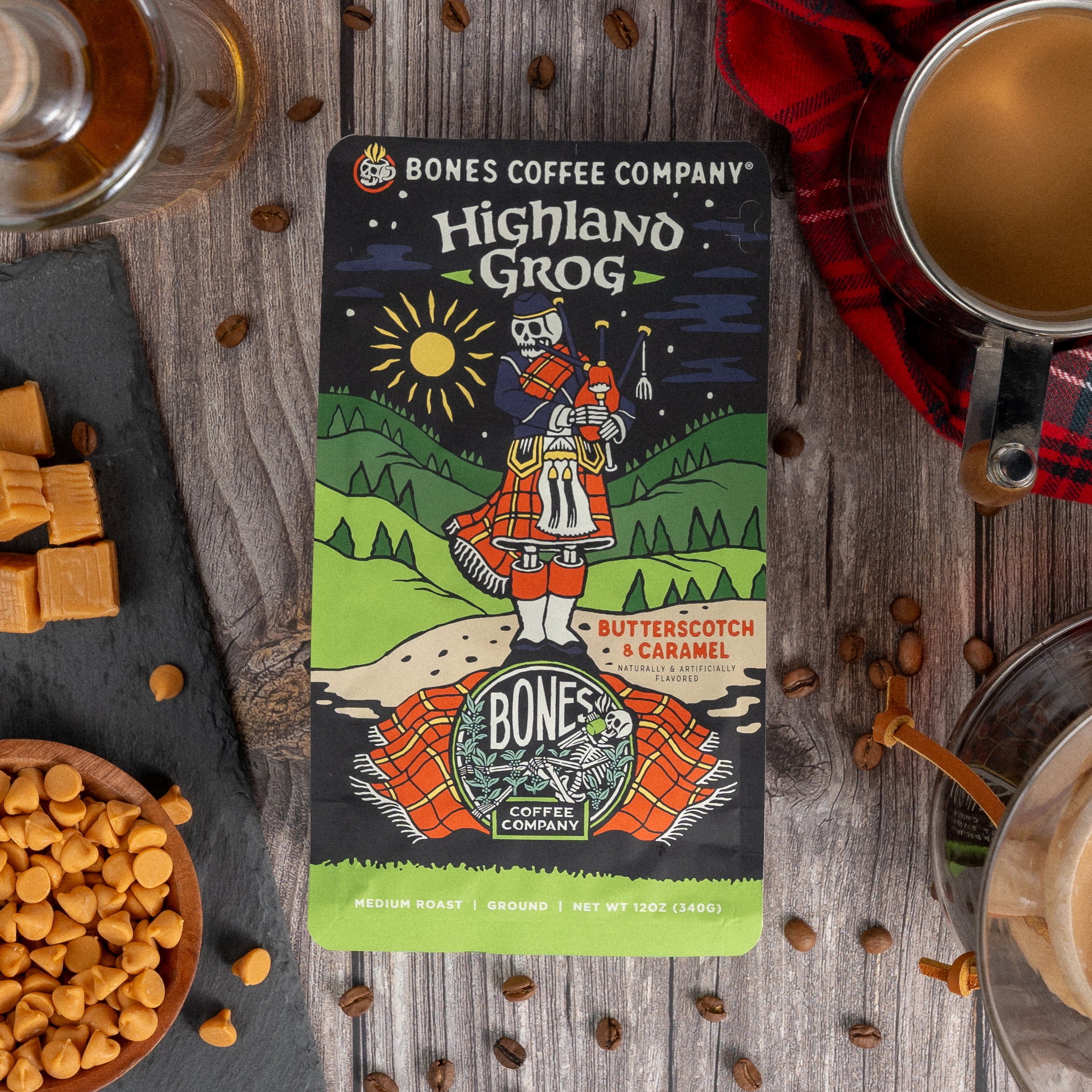 (2 pack) Bones Coffee Company Highland Grog Whole Coffee Beans Butterscotch Caramel Flavor, Low Acid Flavored Coffee Made with Arabica Coffee Beans, Medium Roast Coffee, Coffee Lover Gift Ideas (12 oz)