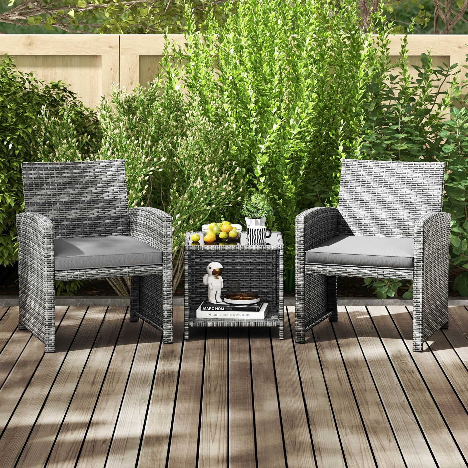 Costway 3 PCS Patio Furniture Set with Tempered Glass Coffee Table & Soft Seat Cushions Gray
