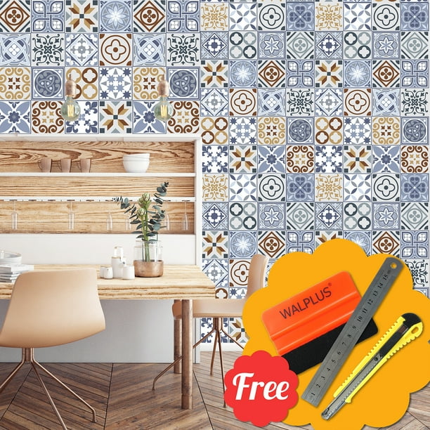 Walplus Peel and Stick Backsplash Stone and Walnut Azulejo Mix Wall
