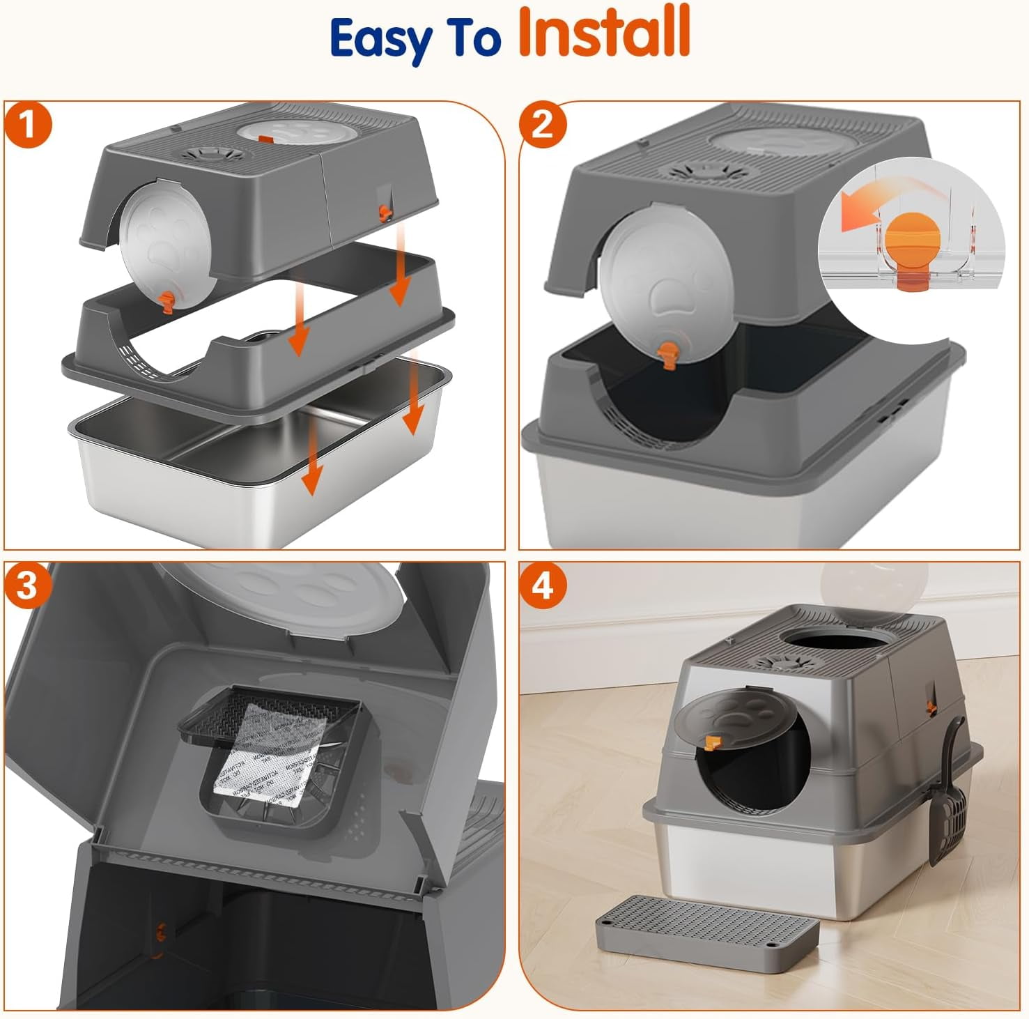 Stainless Steel Litter Box with Lid, XL Extra Large Cat Litter Box Enclosure, Front & Top Entry Covered Metal Cat Box with Steps & Scoop, Easy Cleaning