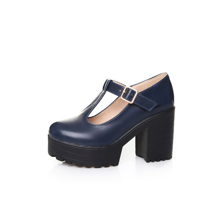 Black Multi-Strap Platform Mary Janes Chunky Heels Almond Toe Buckle Dress  Shoes