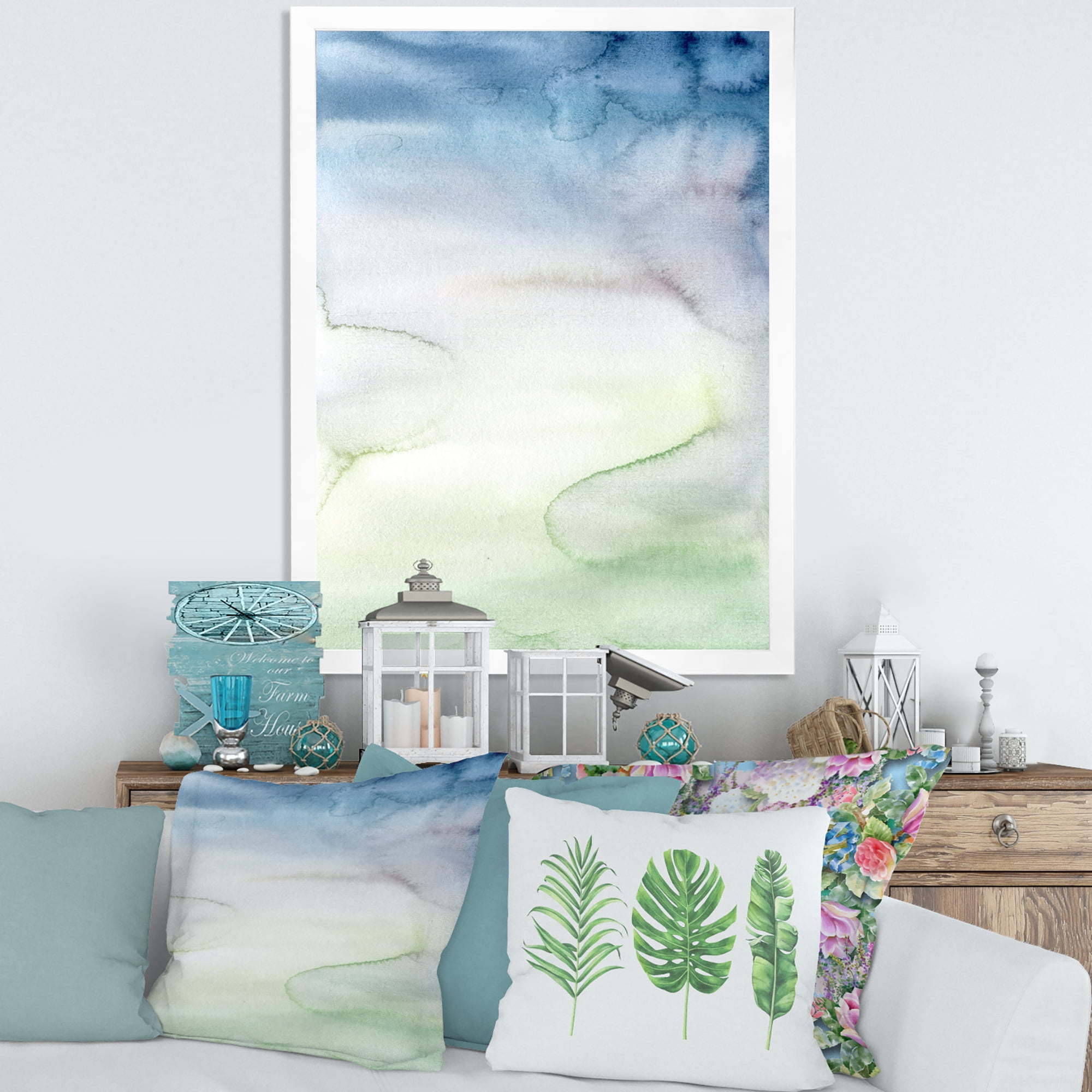 Designart 'Pastel Abstract With Green Dark Blue and White Spots' Modern Framed Art Print