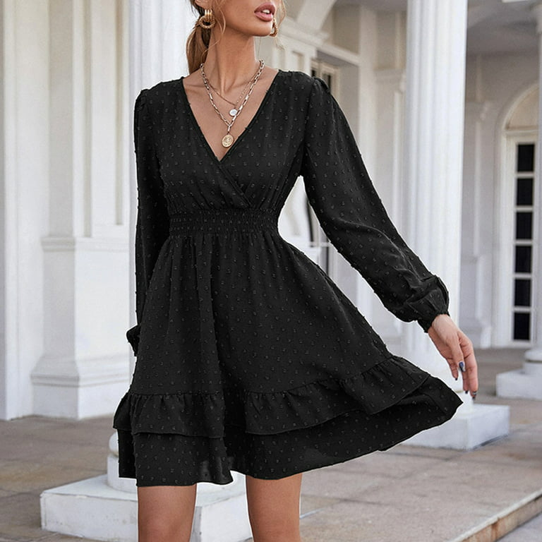 Black Dress Womens Summer Short Sleeve V Neck Mini Dress Chiffon