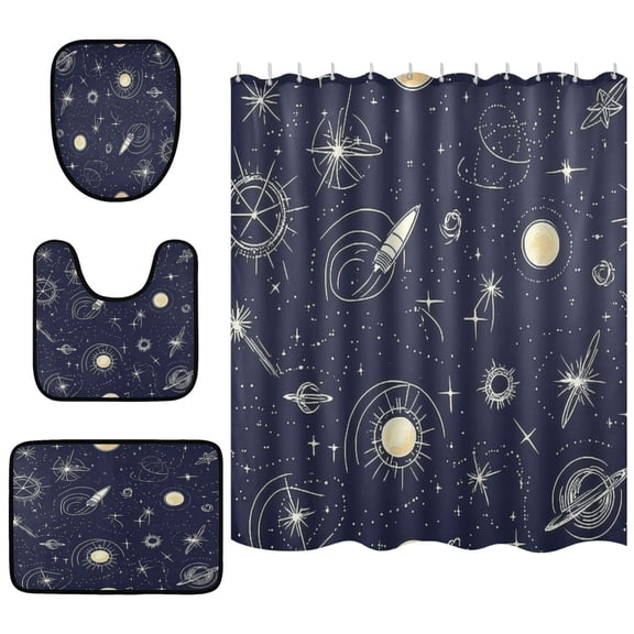 Space Themed Pattern Bathroom Accessory Curtain Sets Bath Curtain Anti-Slip Mats and Toilet Pad 66x72in