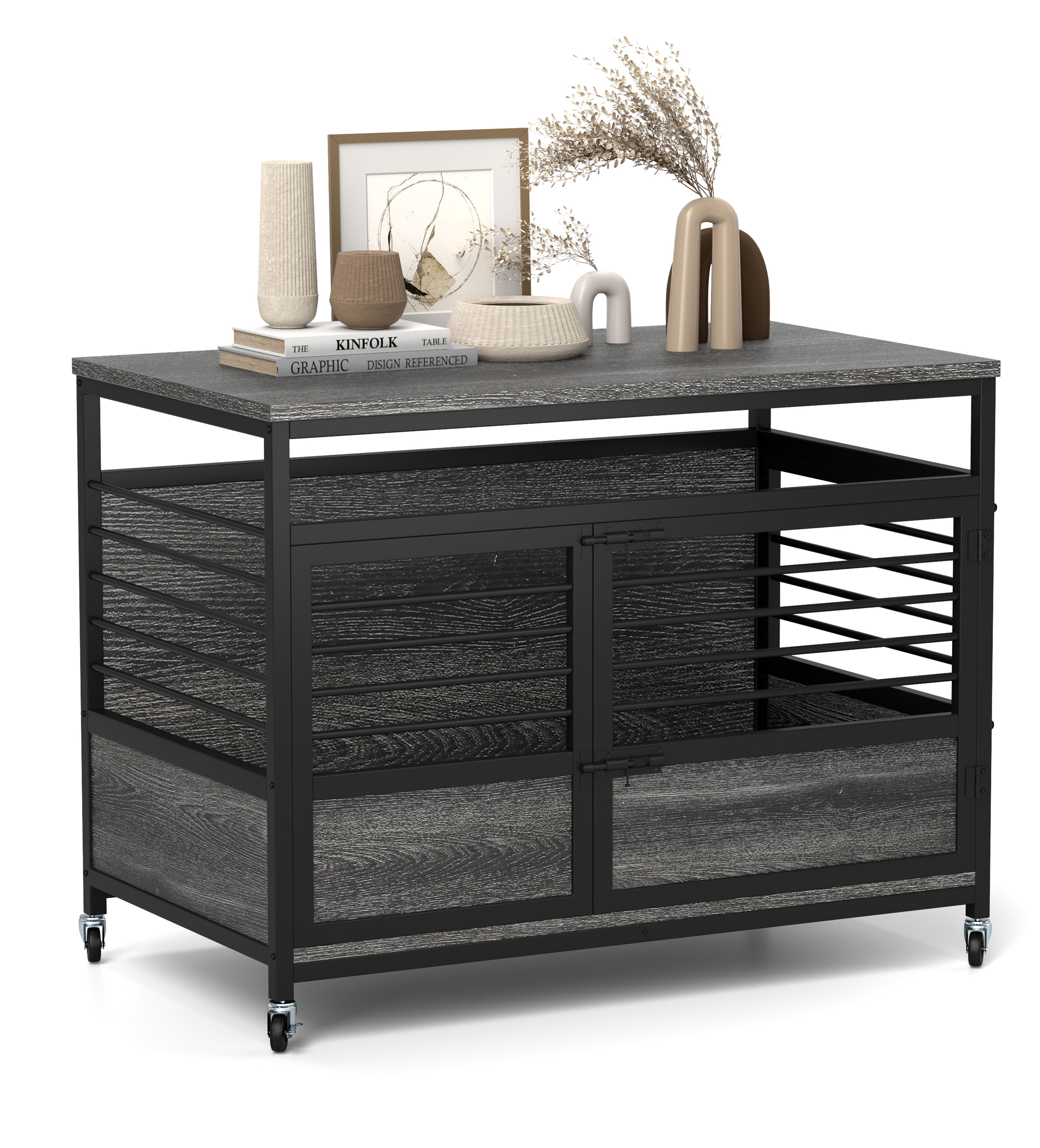 Uforic 39.4 Inch Dog Crate Furniture with Wheels,Wooden Dog Kennel for Dogs - Gray