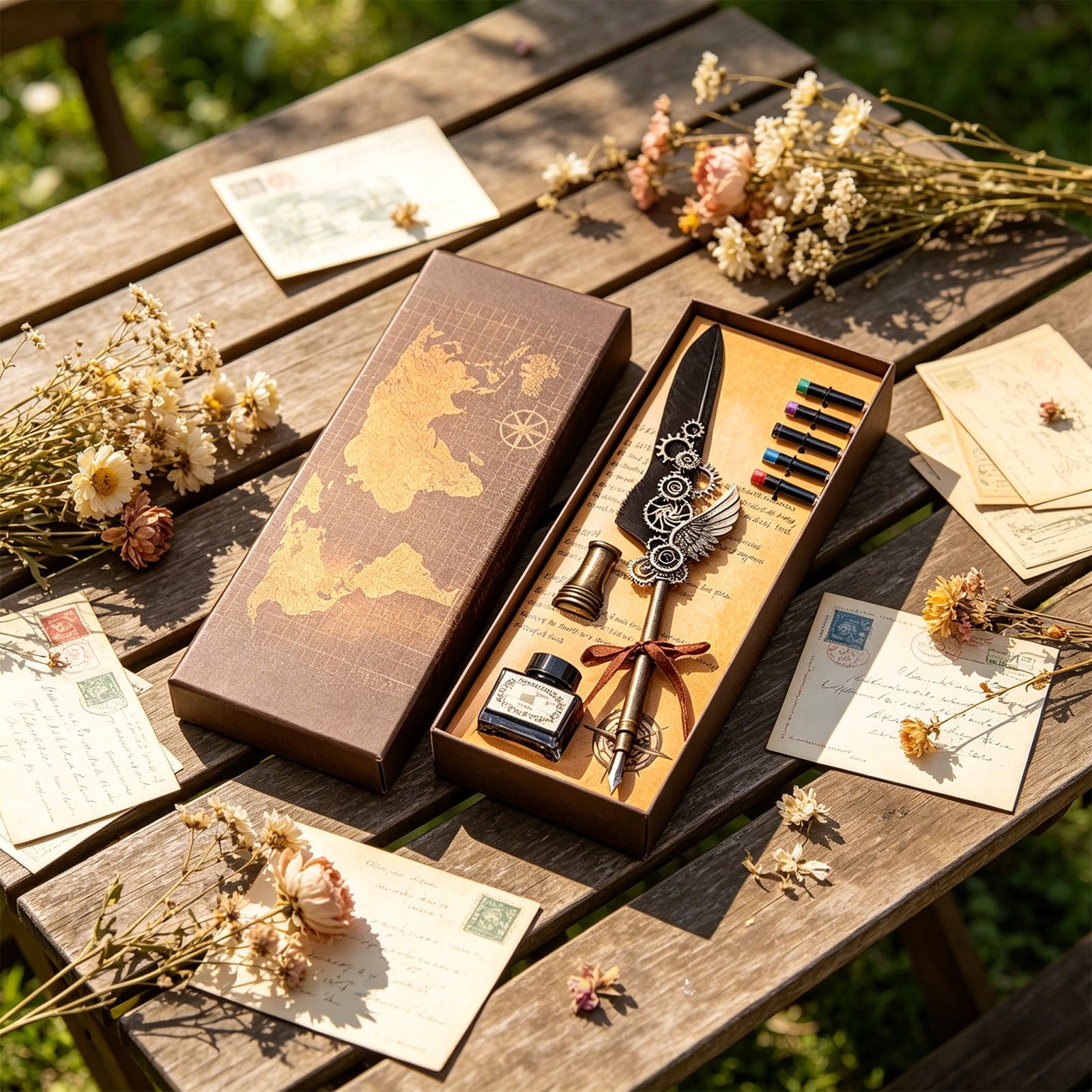 Xheghe Steampunk Quill Pen Set with Ink and Stand - Elegant Writing Kit for Journaling, Letter Writing, and Gifts for Adults