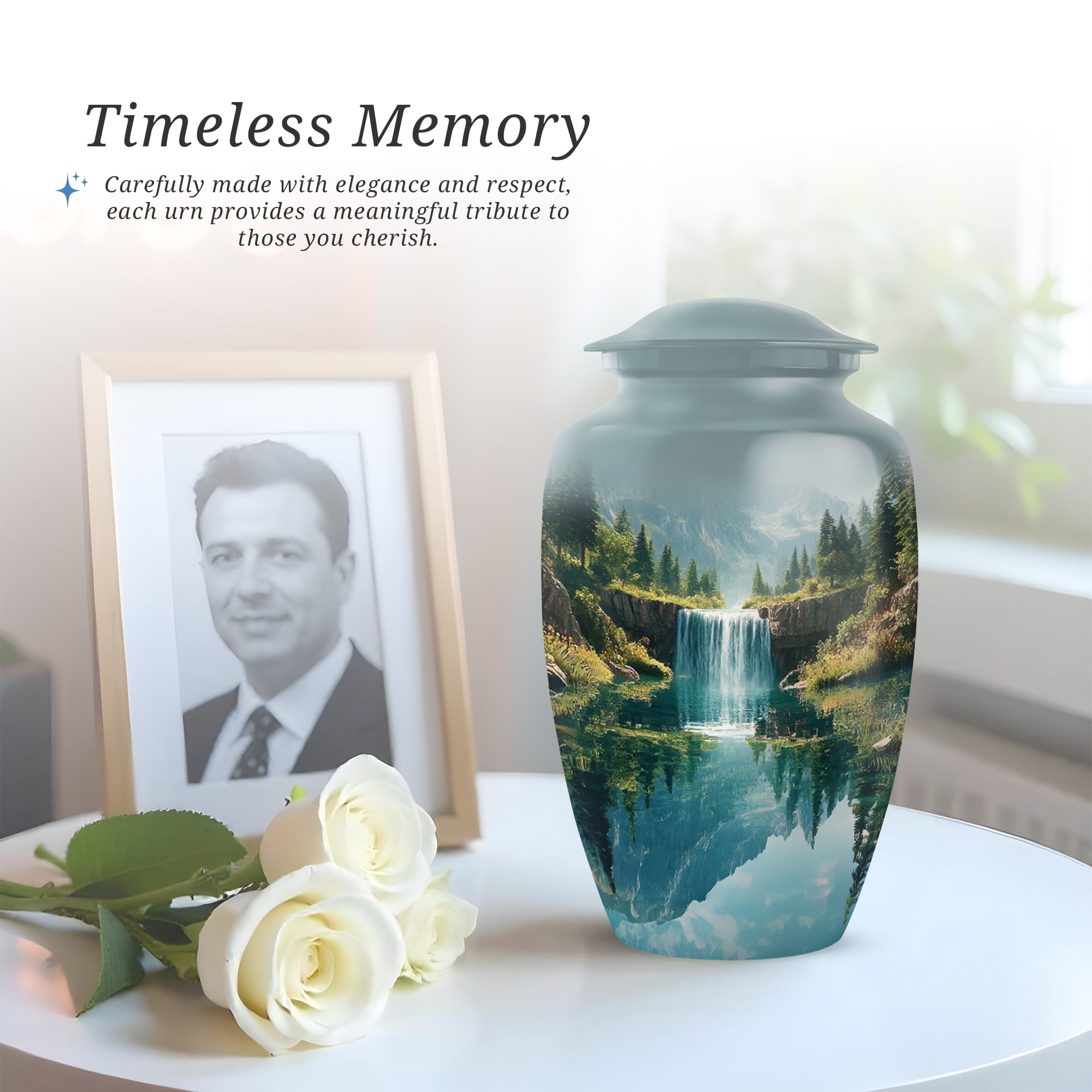 Waterfall Large Decorative Urns For Human Ashes Women, Cremation Urns For Adult Ashes, Blue Urn For Mom And Dad, Funeral Urn For Adults Male And Female, 10 Inch