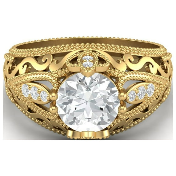 Mooneye 1.45Ct Round Moissanite Diamond 925 Sterling Silver Gold Vermeil Filigree Women Gifts Ring