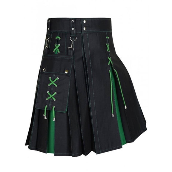 YueHuiYing Men's Traditional Highland Tartan Kilt: Casual and Practical Skirt with Adjustable Waist and Large Capacity Pockets Green 2XL