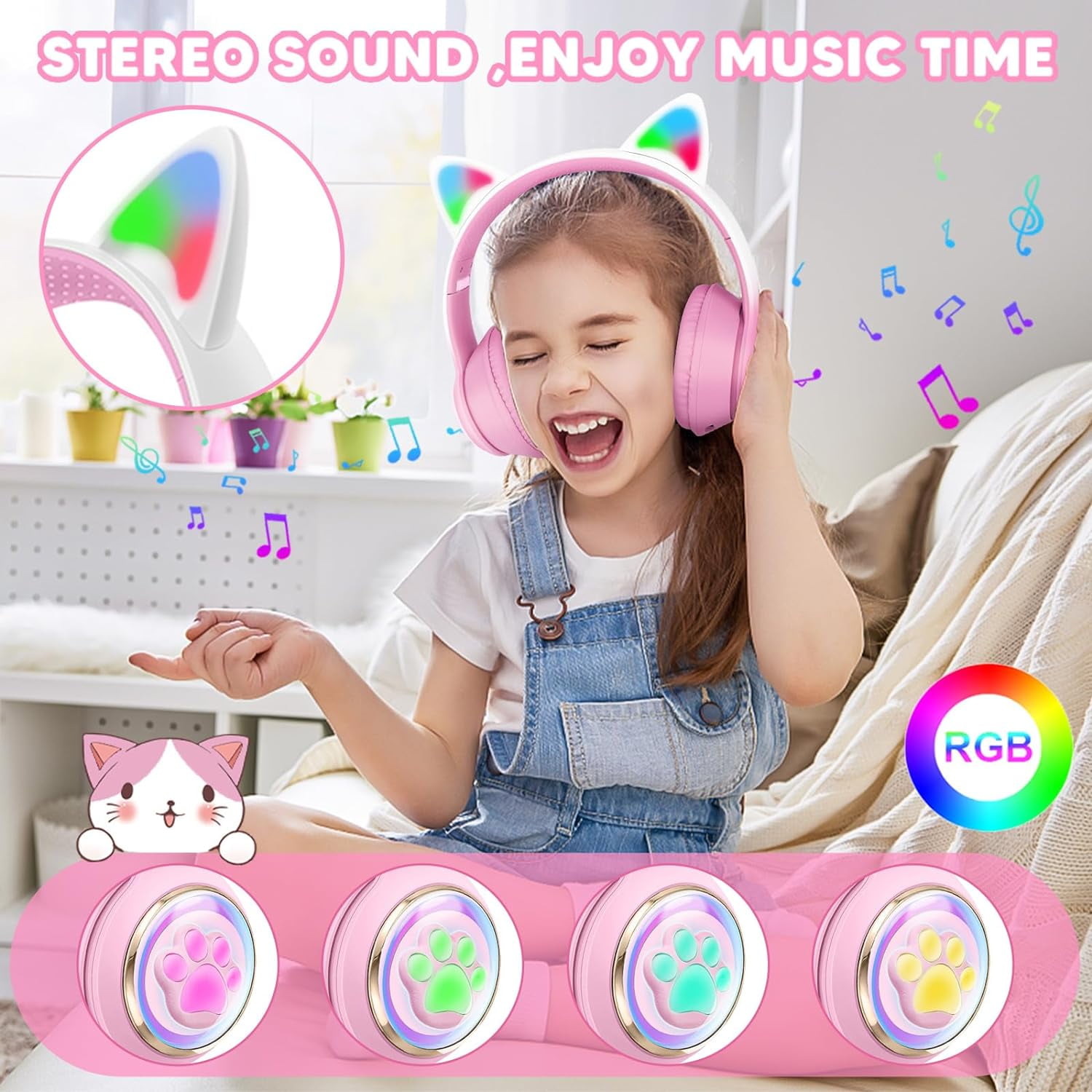QearFun Cat Headphones with LED Lights for Girls Kids for School,Kids Bluetooth Headphones with Microphone & 3.5mm Jack, Teens Toddlers Wireless Headphones with Adjustable Headband for Tablet/PC-Pink