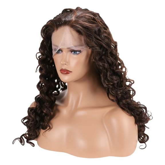 Unique Bargains Lace Front Wigs For Women Girl 26" Deep Brown Long Water Wave with Wig Cap