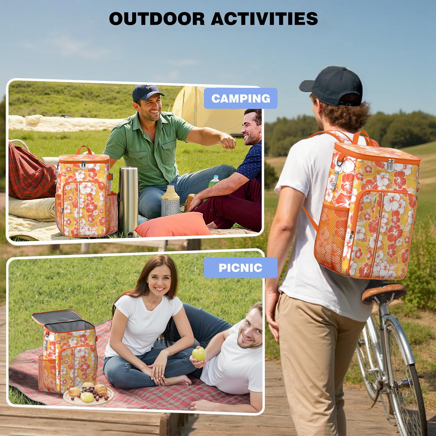 Travel Cooler Bag - Pioneer Flower Floral Print Pattern Camping Beer Cooler Backpack with Bottle Opener- Waterproof Insulated Picnic Backpacks - Cooler Bag for Beach