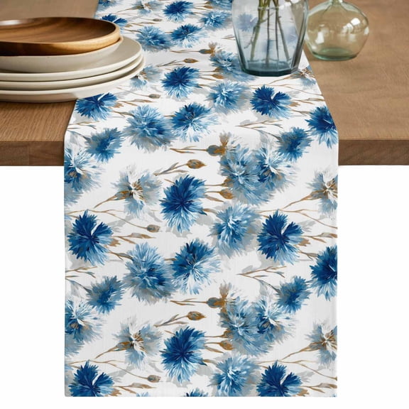 Blue Floral Table Runner 48 Inches, Vintage Cornflower Leaves Rustic Plants Bed Runner Dresser Scarves Tabletop for Indoor Outdoor Parties/Ceremony/Banquet, 13" x 48"