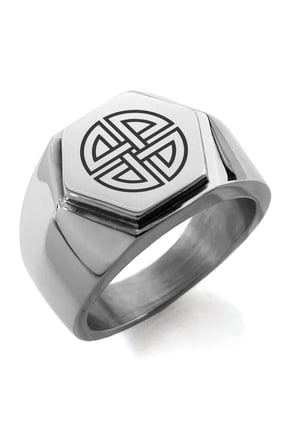 Stainless Steel Shield Knot Viking Norse Rune Engraved Hexagon Crest Flat Top Biker Style Polished Ring