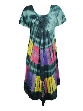 Mogul Women Tie Dye Flare Umbrella Dress Embroidered Rayon Loose Caftan Dresses L