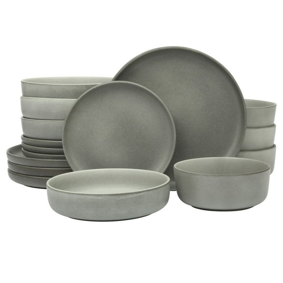 Gibson Soho Lounge Pasco 16 Piece (Service for 4) Plates and Bowls Double Bowl Reactive Glaze Dishes Stoneware Ceramic Dinnerware Set - Grey
