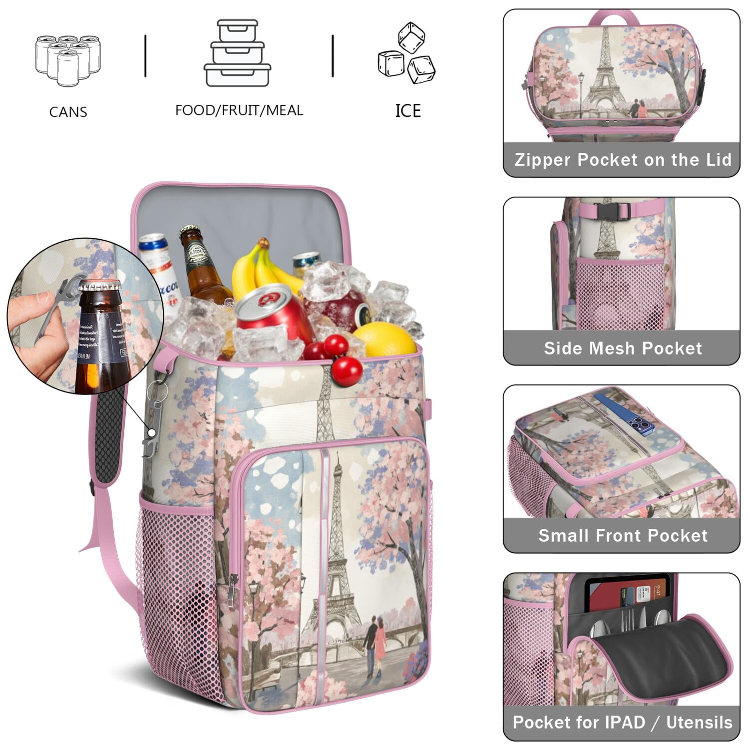Cooler Backpack 26 Cans Paris Drink Beverage Beer Bag Cooler Leak Proof Travel Camping Lunch Backpack Outdoor Cutlery Backpack for Camping Hiking