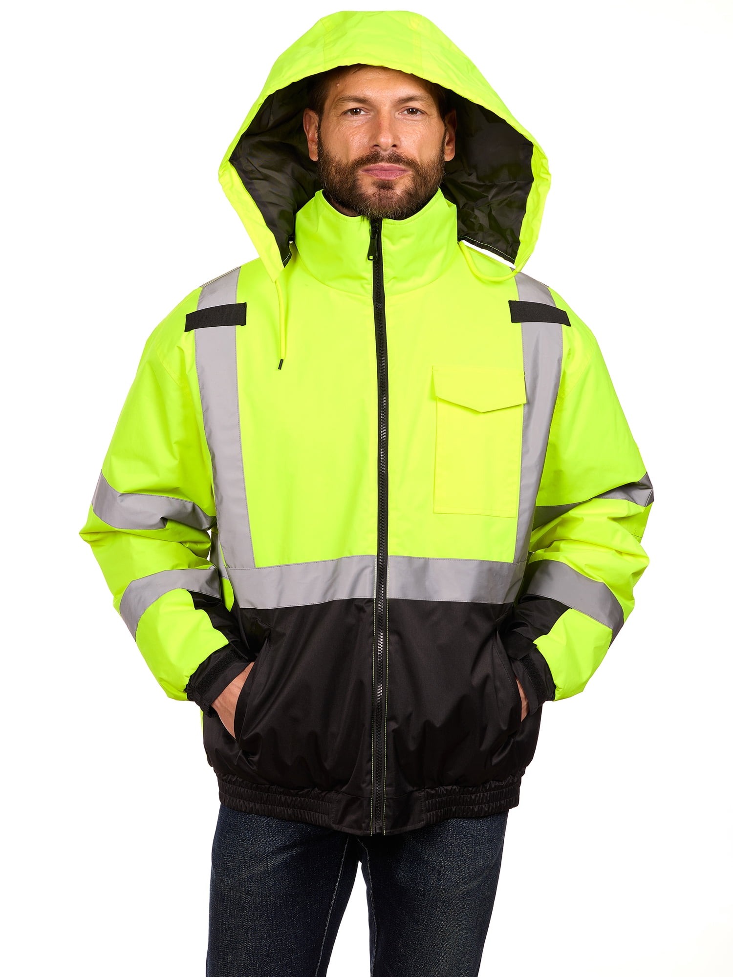 Bass Creek Outfitters Men's Oxford Insulated Safety Work Jacket with Hidden Hood, Sizes S-3XL