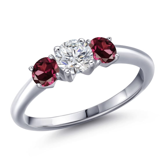 Gem Stone King 925 Sterling Silver Lab Grown Diamond and Red Rhodolite Garnet Engagement Ring for Women | 1.24 Cttw | Round 5MM | Gemstone April Birthstone | Size 9