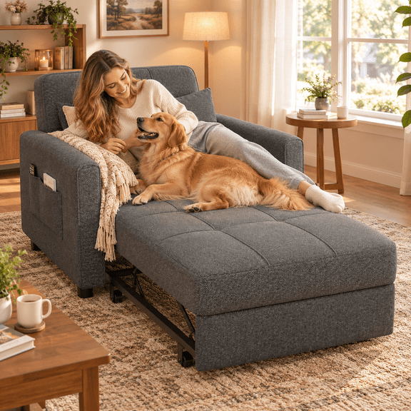 3-in-1 Convertible Chair Bed, Gizoon Pull Out Sleeper Chair Adjustable Sofa Bed for Living Room Bedroom, Dark Gray