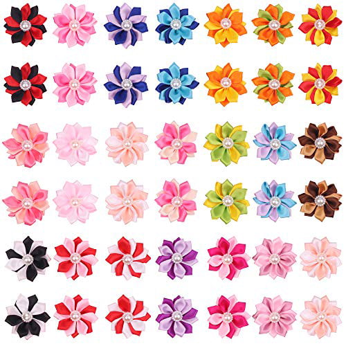 Hot Cute Small Dog Hair Bows Topknot Small Bowknot with Rubber Bands Pet Grooming Products Pet Hair Bows Hair Accessories 20 Colors 20pairs YAKA 40pcs/ 