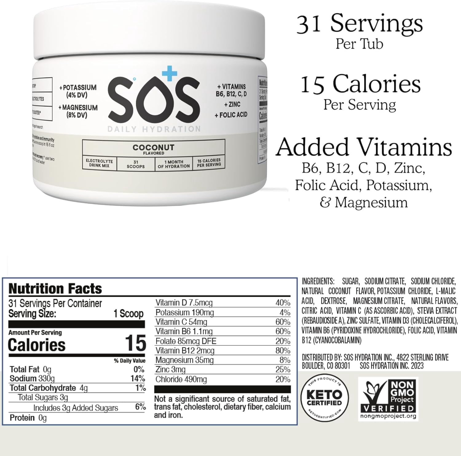 SOS Hydration Coconut Electrolyte Drink Mix (31 Servings) – Low Sugar, 15 Calorie, Keto-Friendly & Rapid Rehydration