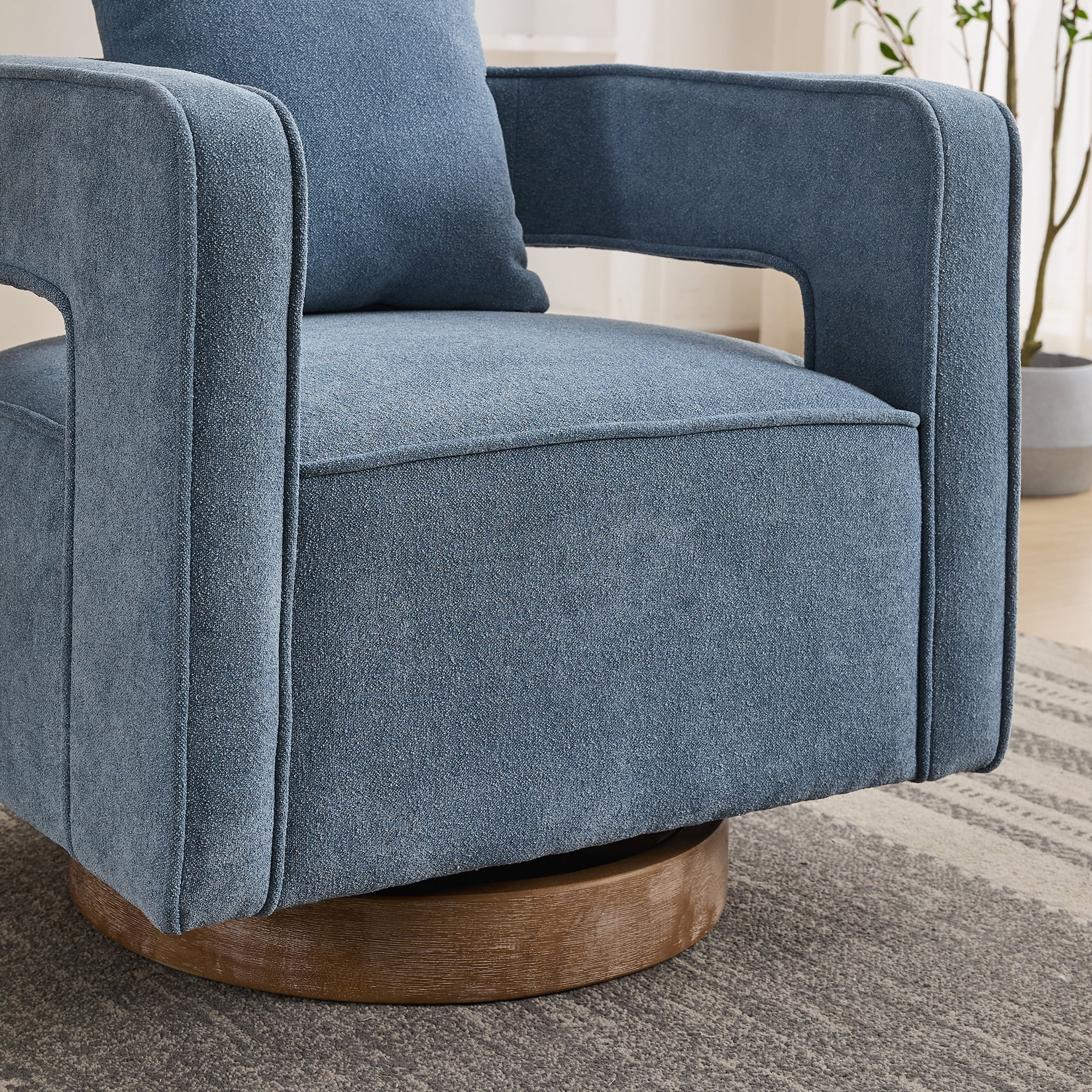 Leumius Swivel Accent Chair with Open Back,Modern Single Sofa Chair With Weathered Base for Nursery Bedroom Living Room Hotel Office, Club Chair Leisure Arm Chair for Lounge,Blue Linen Blend