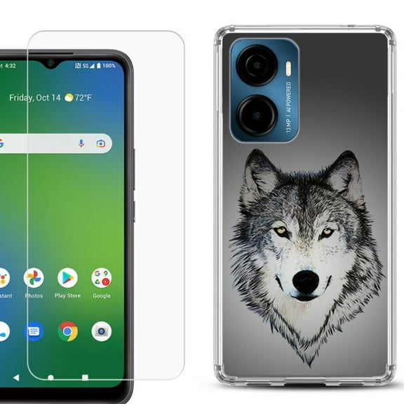 For AT&T Propel 2 5G Phone Case Cover, Shockproof Bumper Hybrid Case with Tempered Glass Screen Protector, by OneToughShield - Wolf Face