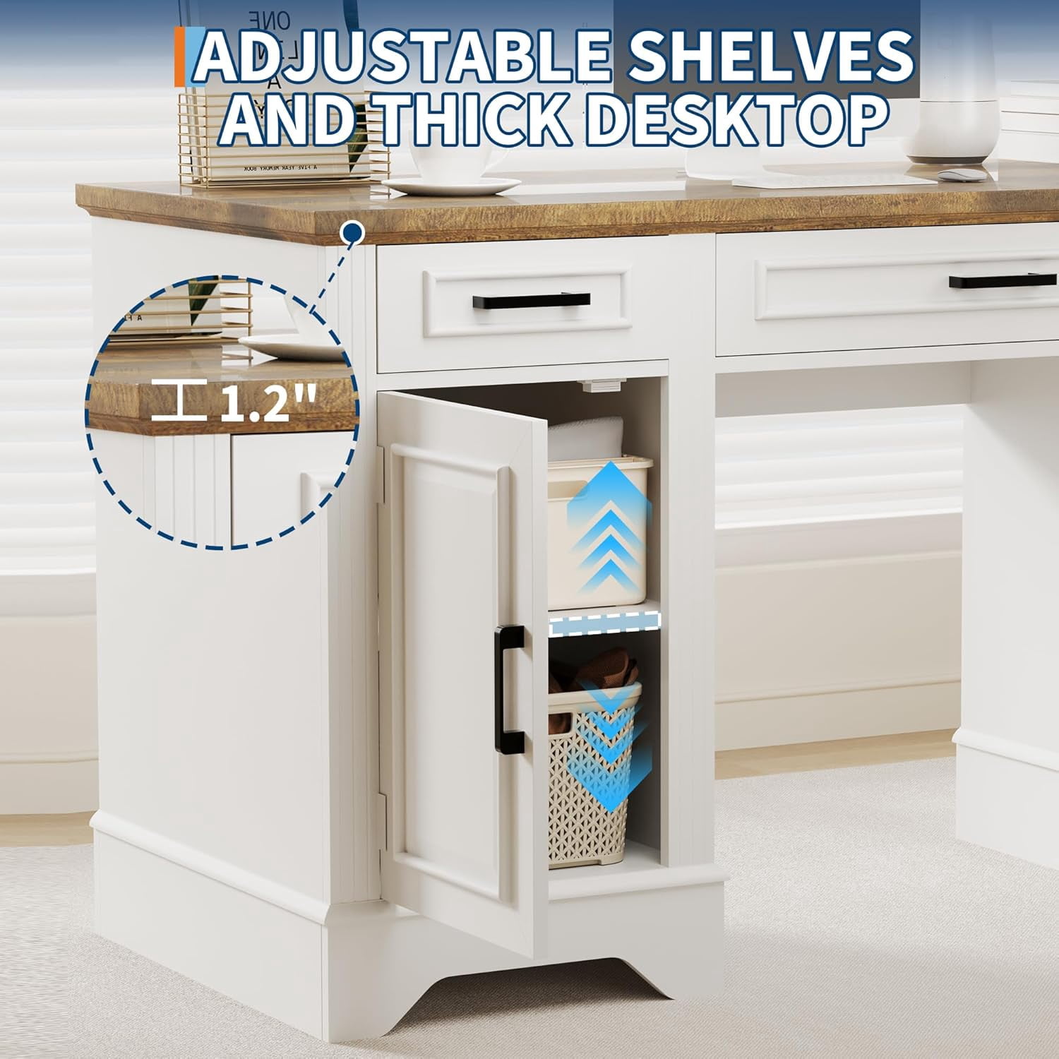 Executive Office Desk, Farmhouse 58" Office Desk with Storage, Wood Executive Computer Desk with Keyboard Tray, File Drawer, Storage Cabinet for Home Office Remote Work-Antique White