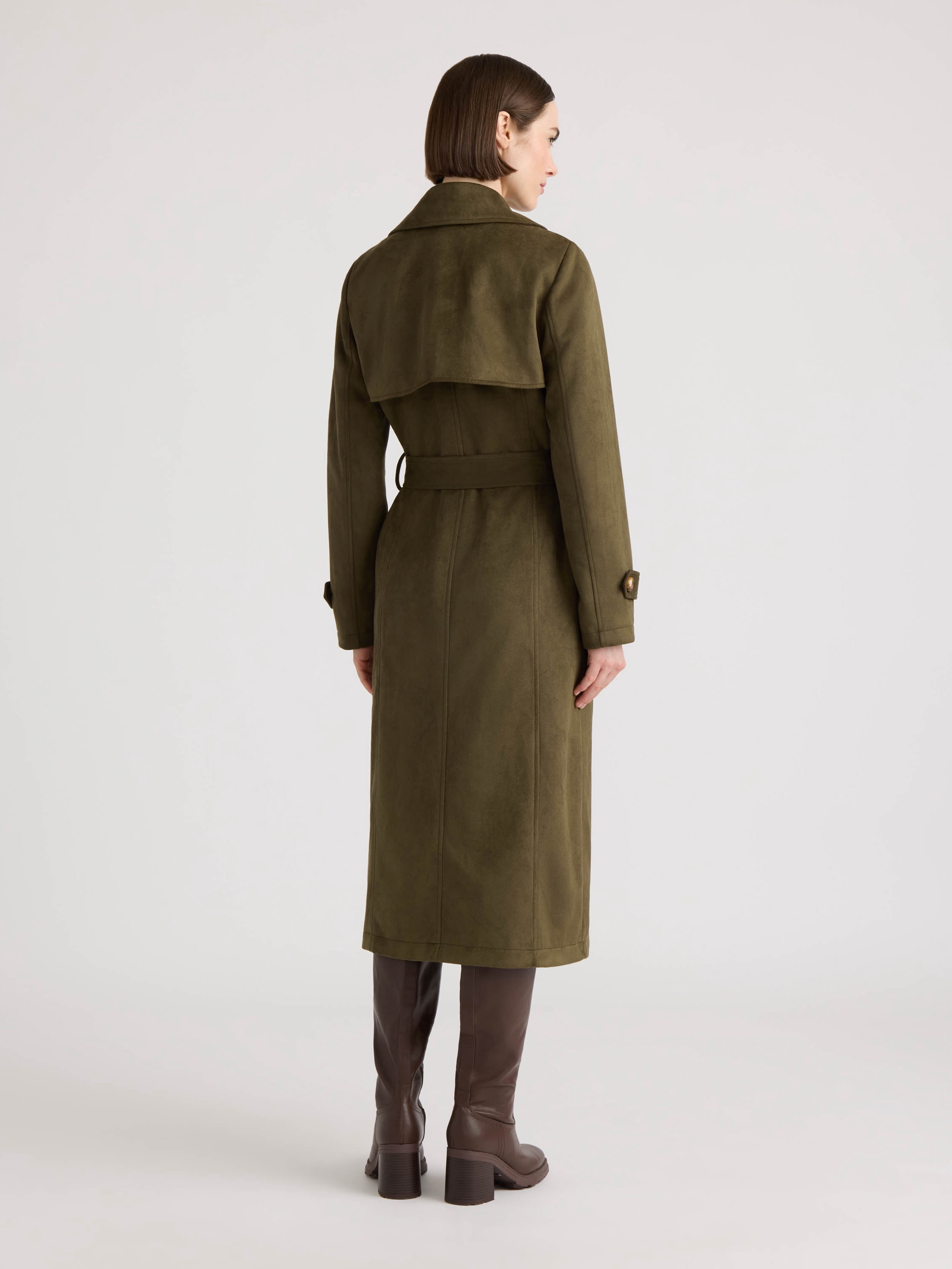 NOVELTI Womens Faux Suede Longline Belted Trench Coat with Side Pockets