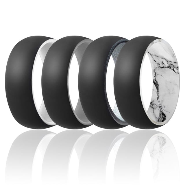 Juego de anillos de cúpula de dos capas de silicona para bodas - Negro-Mármol de ROQ para hombre - Anillo de 4 x 11 mm