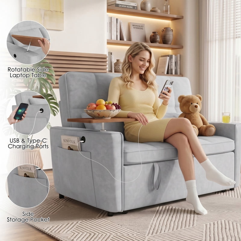 Anpport 3‑in‑1 Convertible Sleeper Sofa Bed, Pull‑Out Sofa with Side Desk, USB Ports, Cup Holders, Storage Armrests & Adjustable Backrest for Living Room Apartment, Light Gray