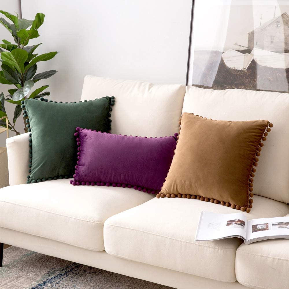 of 2 Velvet Throw Pillow Covers Pompom Decorative Pillowcases Solid Soft Cushion Covers with Square for Couch Sofa Bedroom Car 18x18inch Dark Green