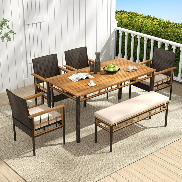 Costway 6PCS Acacia Wood Table Backless Bench 4 Armchairs with 1.97" Umbrella Hole Cushion