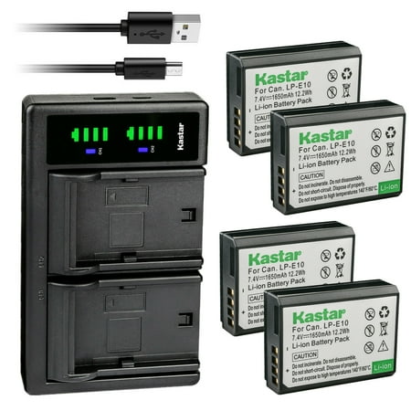 Kastar 4-Pack Battery and LTD2 USB Charger Replacement for Canon LP-E10 LPE10 Battery  Canon LC-E10 LC-E10N Charger  Canon EOS 1100D  EOS 1200D  EOS 1300D  EOS 1500D  EOS 2000D  EOS 3000D DSLR Cameras