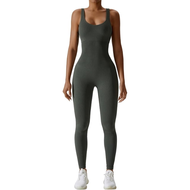 HGZEWX Mono atlético de entrenamiento acanalado para mujer, mono de yoga con sensación desnuda, chándal sin mangas de una pieza, mono tipo catsuit