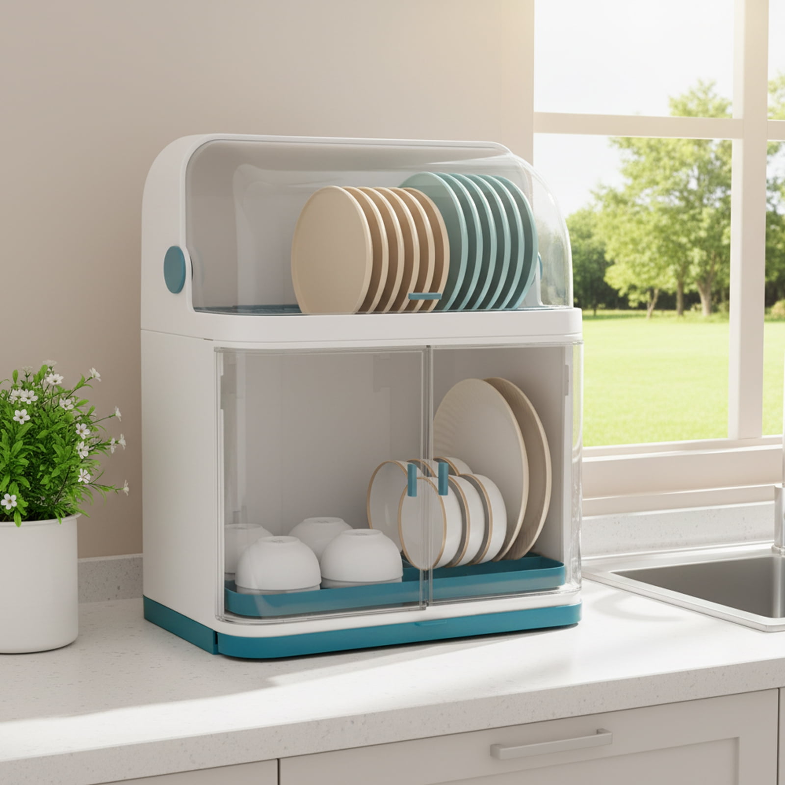 Dish Drying Rack with Lid Cover 2-Tier Kitchen Organizer Storage Cup Holder