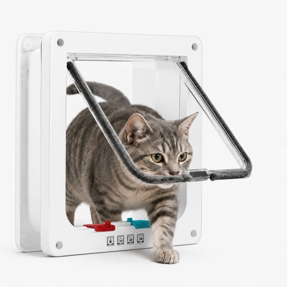 Small Cat Door & Small Dog Door, 4-Way Lock Adjustable Plastic Pet Door, White Single Set for Interior and Exterior Door Wall Installation