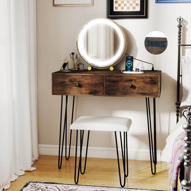 Costway Coiffeuse avec Miroir et Lumières. Station de Recharge Intégrée. 2 Tiroirs pour Chambre Brun Rustique