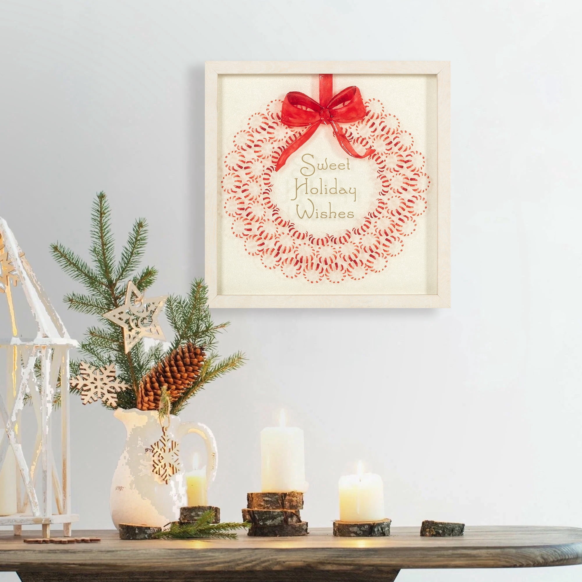 Sweet Holiday Wishes Framed Christmas Wall Art, Red and White, 12" x 12", by Holiday Time