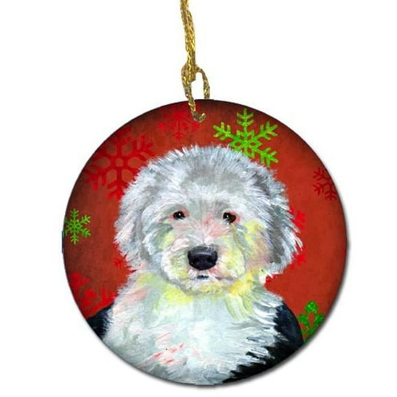 Old English Sheepdog Red Snowflake Holiday Christmas Ceramic Ornament