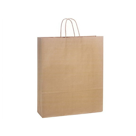 Pack Of 25, Queen 16 X 6 X 19" Solid Natural Brown Kraft Paper Shopping Bags W/Edge Tops & Sturdy Handles Made In USA