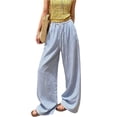 thumbnail image 2 of Women's Pinstripe Linen Palazzo Pants Elastic Drawstring High Waist Flowy Wide Leg Loose Summer Beach Trousers With Pockets Blue S, 2 of 6