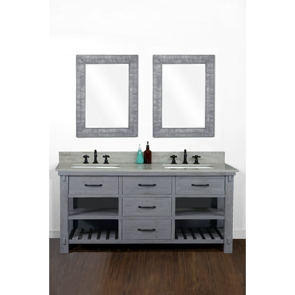 InFurniture WK8260-BG-CS SQ TOP 60 in. Rustic Solid Fir Double Sink Vanity in Blue Grey Driftwood With Coastal Sands Marble Top With Rectangular Sink-No Faucet