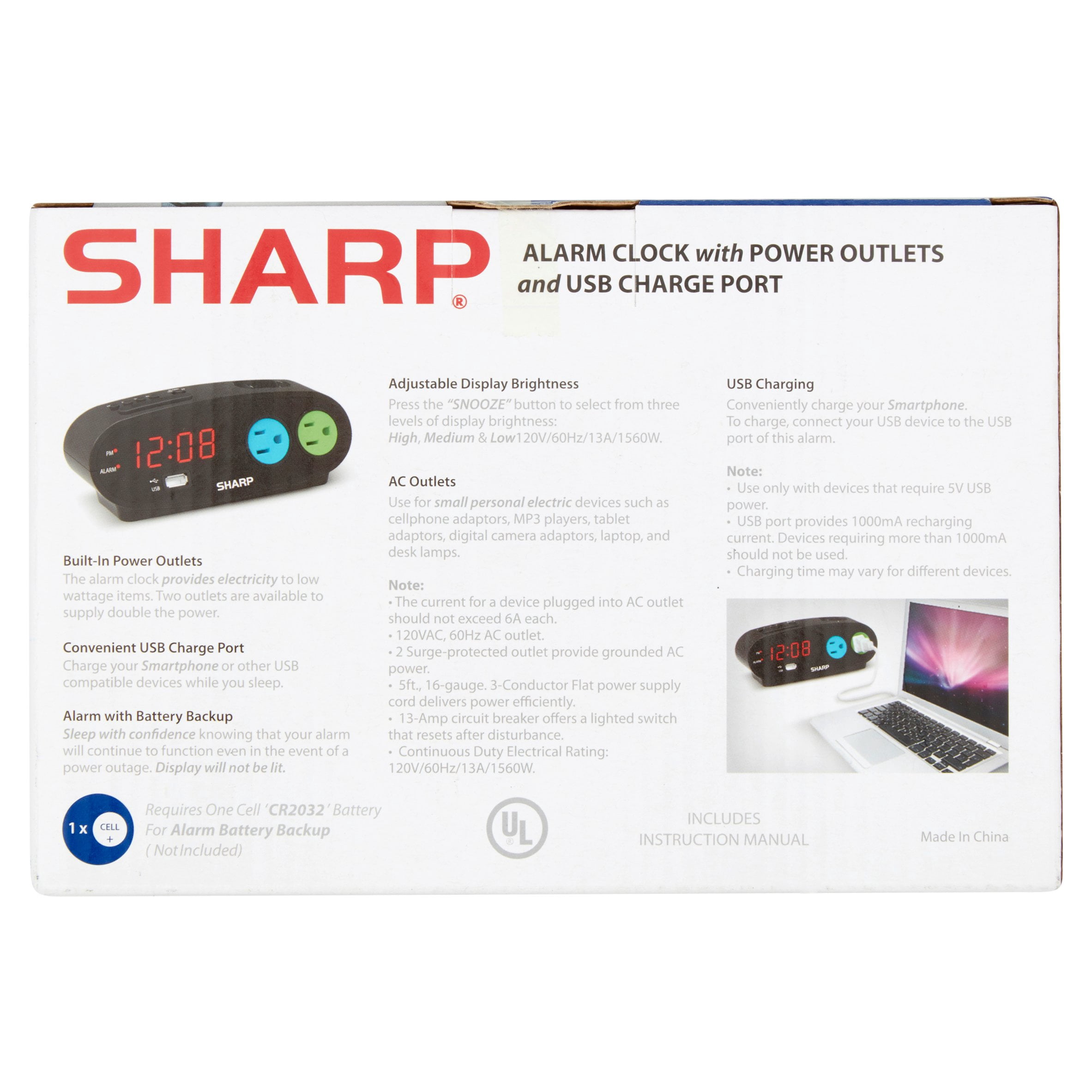 Sharp Alarm with USB and Outlets, Black