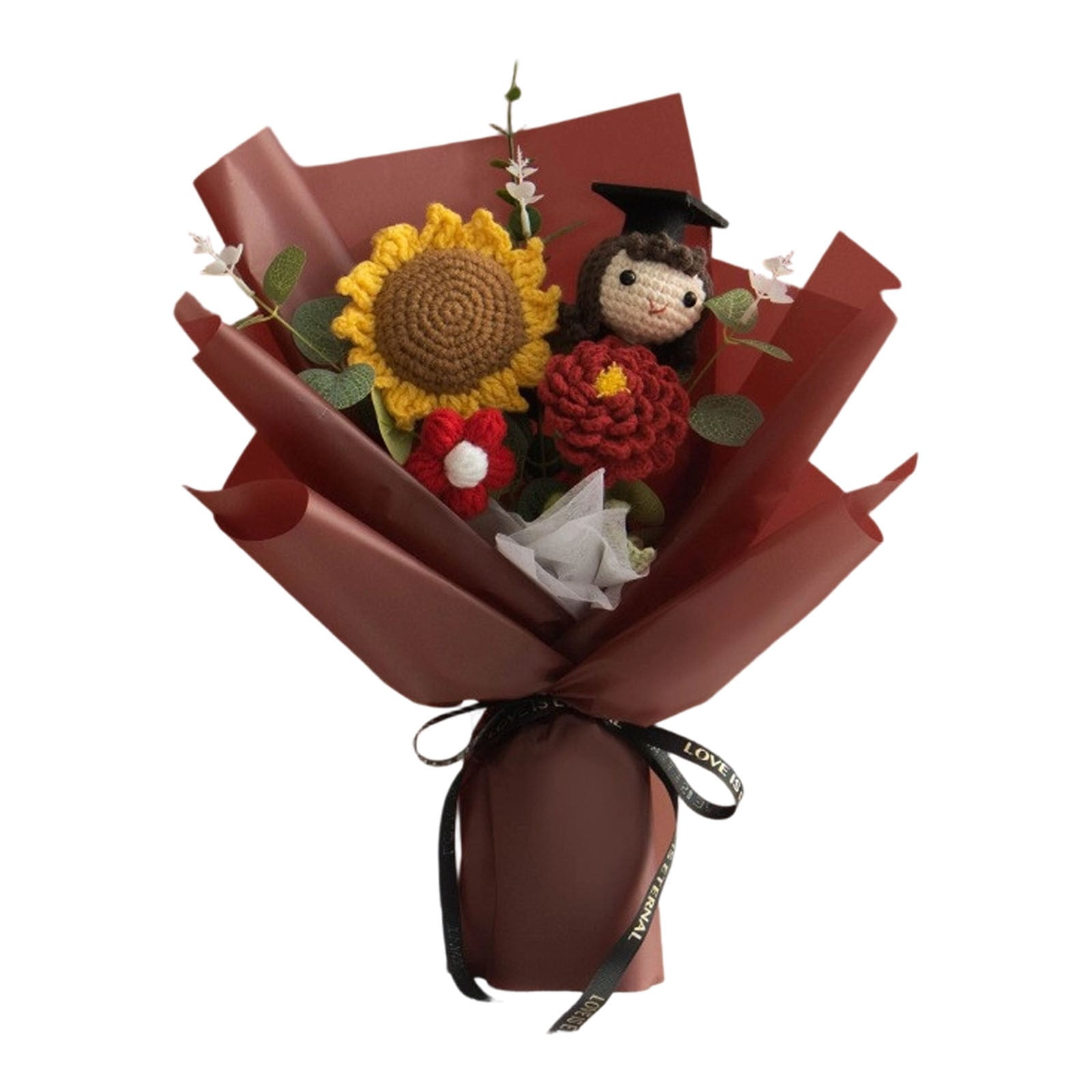 Graduation Crochet Flowers Bouquet, Handmade Knitted Grad Gift, Artificial Preserved Flowers, Teacher Appreciation Home Decor, Sunflower Rose Bouquet, Birthday Anniversary Gift