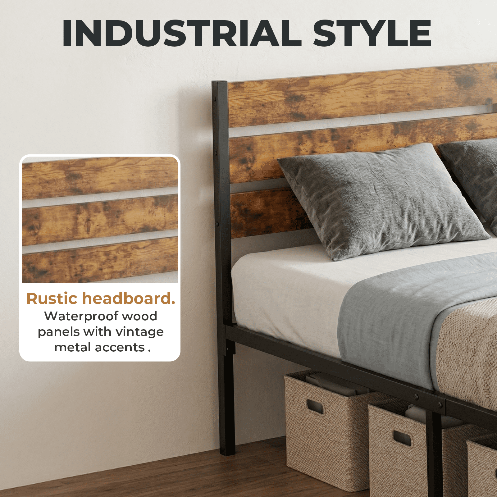 Alvantor Metal Platform Bed Frame with Headboard & Footboard - No Box Spring Needed, 800LBS Sturdy Wooden Slats Support, Industrial Style