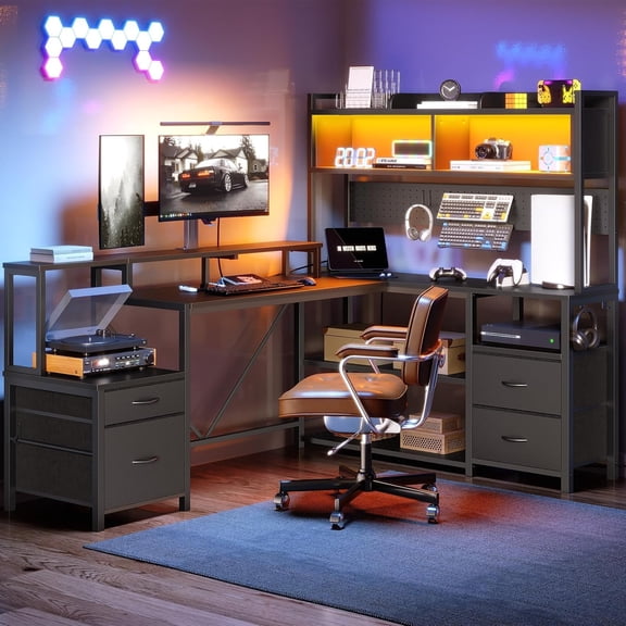 75inch L Shaped Computer Desk with Drawers, Large Gaming Desk with LED Light & Power Outlets, Corner Computer Desk with Storage Shelves & Monitor Stand for Home Office, Black
