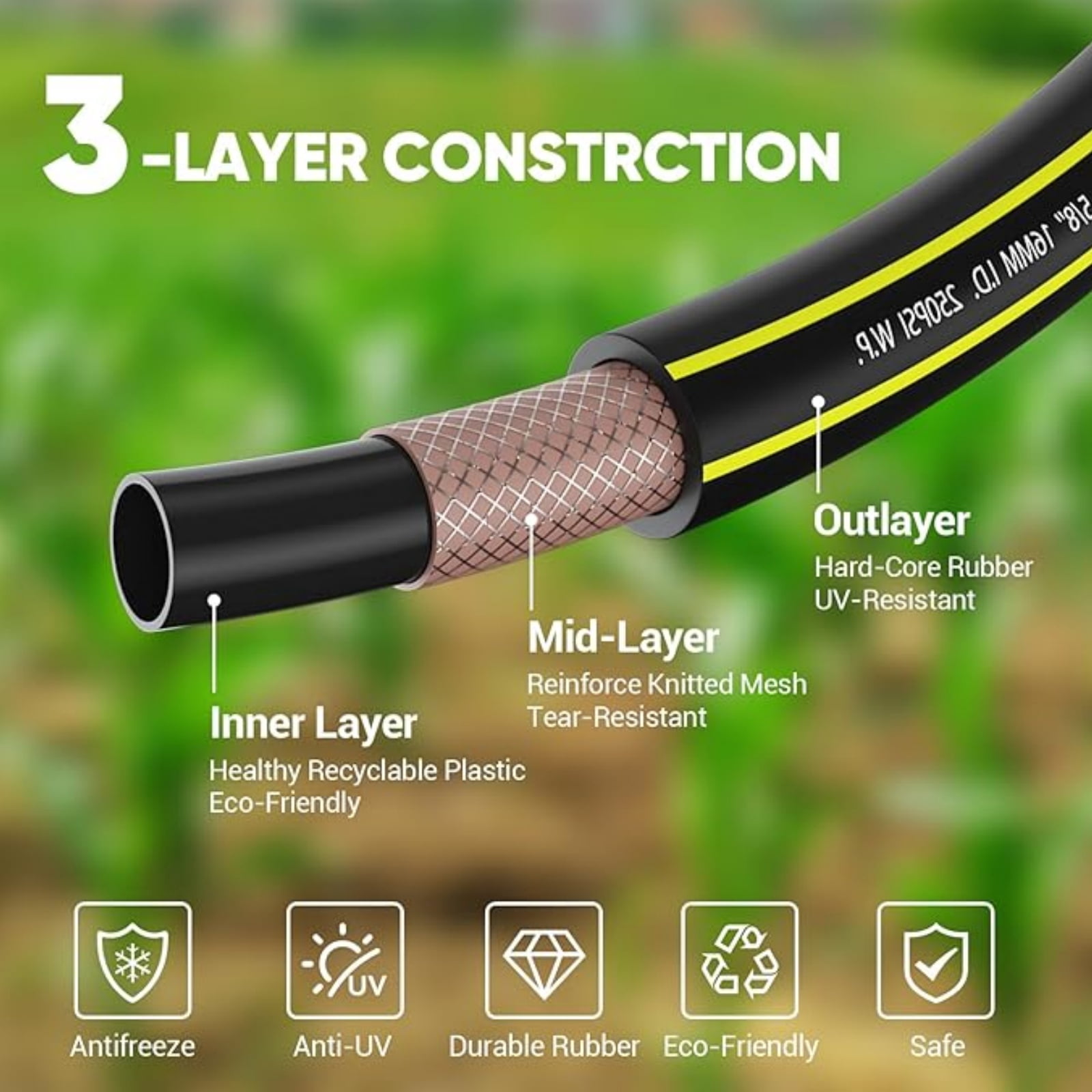 Gewna 5/8''x 50 ft Heavy-Duty Garden Hose Burst Proof Rubber 3 Layer Water Hose 250 Psi